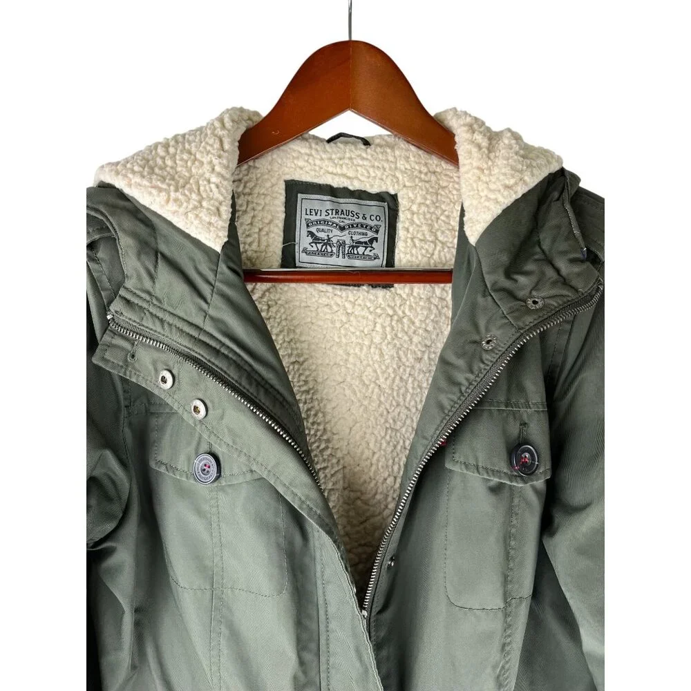 Grunge Levi Strauss & Co Hooded Sherpa Lined Army Green Jacket, Women's Medium - Picture 8 of 16